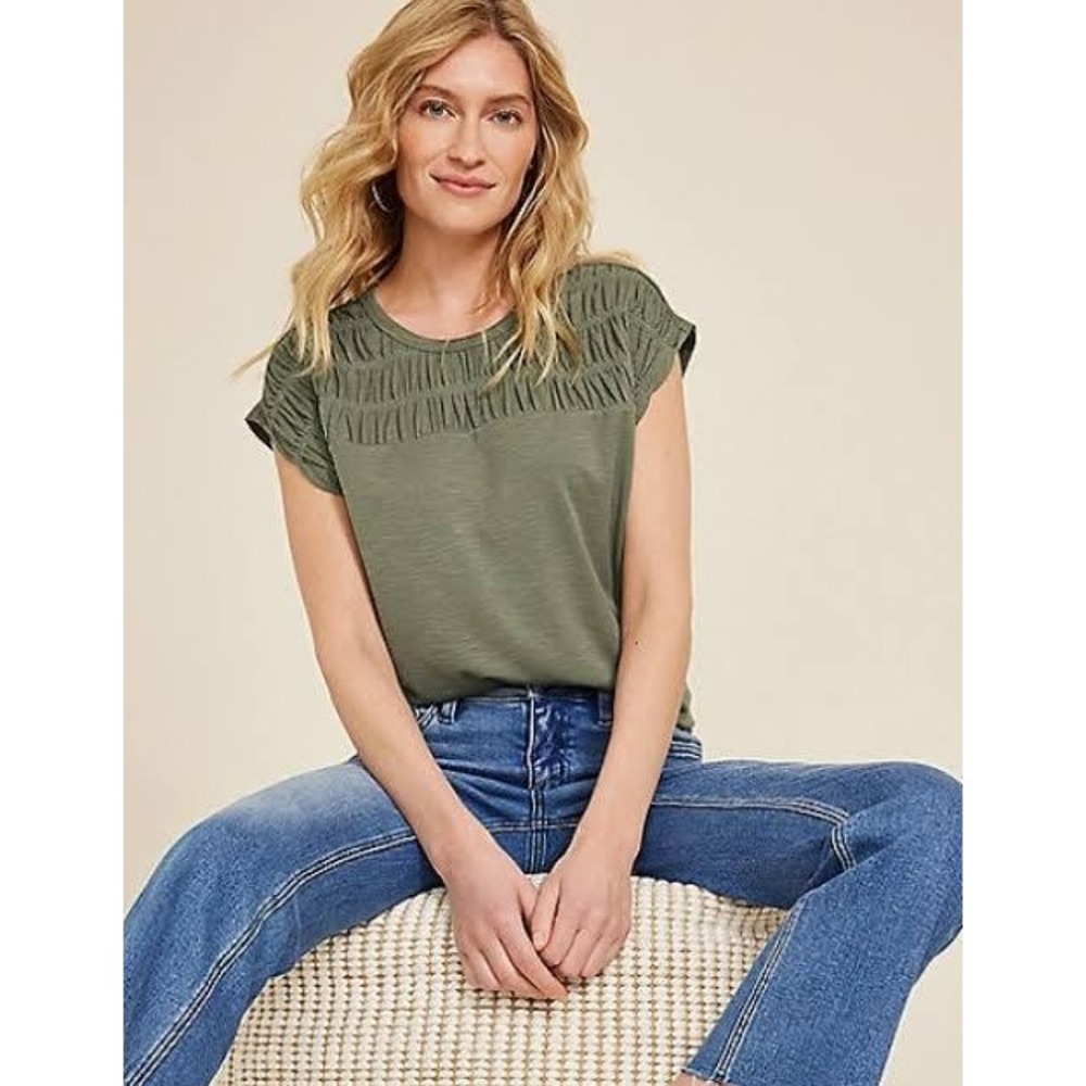 Maurices Smocked Yoke Top Women's Plus Size 0X Olive Green Stretch Cap Sleeve